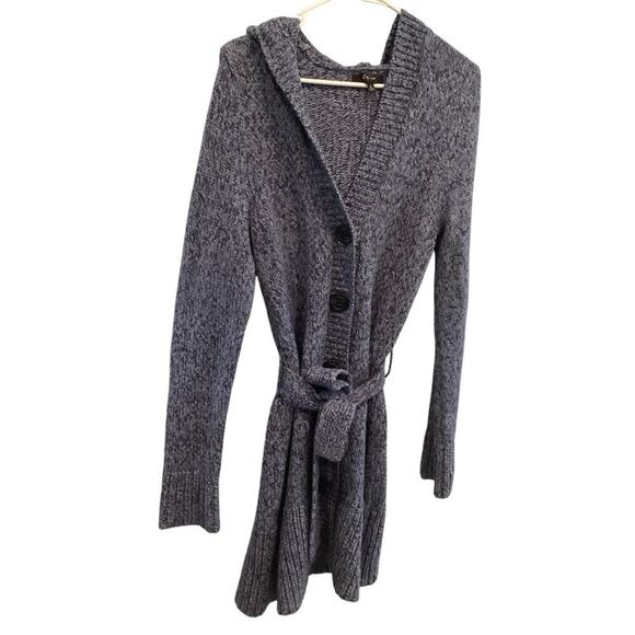 Vtg Express Duster Cardigan Size Large Blue Marbled Merino Wool Blend Y2K Belted - Picture 1 of 10